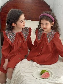 LMoss Kids Baby Girl Woven Patchwork Floral Peter Pan Collar Casual Dress