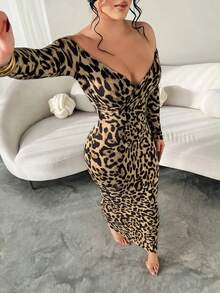 SHEIN SXY 优雅性感豹纹露肩修身长裙 - 棕色 - 查看 3