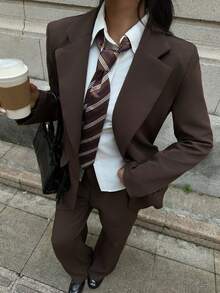 SHEIN EZwear Women's Brown Loose Suit Set, New Autumn/Winter, For Going Out Outfits, Streetwear,Old Money Style,Fall Brown 2 Piece Set Brown Blazer Women Blazer Pants Set Brown Set Women 2 Piece Sets Woman Classy - Coffee Brown - View 3