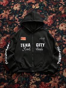 Manfinity VCAY Áo nỉ có mũ trùm đầu có khóa kéo thường ngày dành cho nam, màu đen, có mũ in họa tiết - màu đen - Xem 1