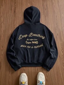 Manfinity VCAY 男士休闲字母刺绣连帽衫，秋冬季，弹力长袖上衣 - 黑色 - 查看 2