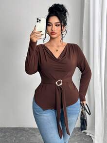 Feyla Plus Size Solid Color Minimalist Scoop Neck Long Sleeve T-Shirt - Coffee Brown - View 4