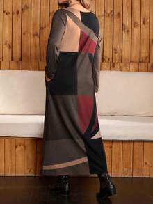 EMERY ROSE Plus Size Women  Country  Casual Vacation Round Neck Long Sleeve Geometric Print Color Block Long Dress With Pockets, ,Going Out Outfits, New Clothes,Simple And Fashionable For Everyday Wear, Plus Size ,  Outfit For Women ,New Year Clothes,,Thanksgiving Outfit For Women ,Flowy Dress,Comfortable And Breathable,Flower/Spring/Summer - Multicolor - View 3