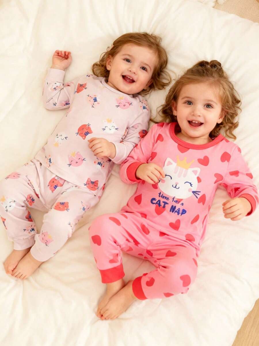 2pcs Baby Girl Snug Fit Ribbed Knit Long Sleeve Romper & Pants Set With Cute Animal Head & Heart Patterns - Multicolor - View 1