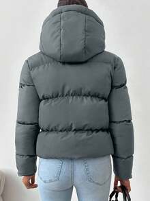 EURMUSE Women's Solid Color Front Zip Long Sleeve Simple Hooded Casual Padded Coat - Blue - View 6