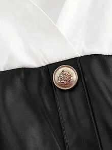 SHEIN MOD 女士黑白PU皮革单排扣休闲时尚衬衫裙 - 黑與白 - 查看 3