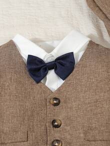 SHEIN 4pcs Baby Boy Formal Gentleman Outfit Set, Including White Long Sleeve Shirt With Bowknot , Single-Breasted Vest, Elastic Waist Suspender Pants And Gentleman Hat, Elegant Suit Set For Infants 6 Months To 3 Years Old, Suitable For Wedding, Competition, Performance, Party, 1st Birthday Celebration, Ring Bearer, Greeter, Christmas And Graduation Ceremony, Spring/Autumn