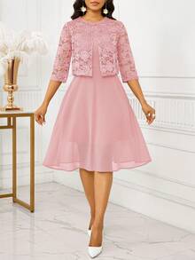 SHEIN Lady Bộ 2 món áo không tay ren trơn màu thanh lịch dành cho nữ, váy dự tiệc và sinh nhật mùa hè/váy công sở/váy đi nhà thờ/váy cưới/váy ngày lễ/ - Hồng - Xem 5