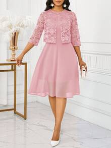 SHEIN Lady Bộ 2 món áo không tay ren trơn màu thanh lịch dành cho nữ, váy dự tiệc và sinh nhật mùa hè/váy công sở/váy đi nhà thờ/váy cưới/váy ngày lễ/ - Hồng - Xem 8