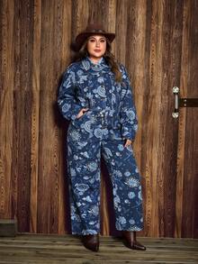 EMERY ROSE Quần Jeans Denim Họa Tiết Phương Tây Cổ Điển Cỡ Lớn Cho Nữ - Rửa tối - Xem 3