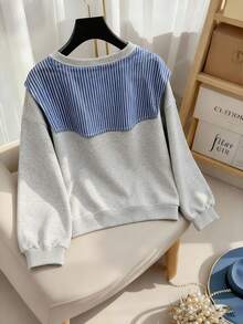 Franclia Plus Size Casual College Style 2 In 1 Plaid Patchwork Long Sleeve Crew Neck Loose Sweatshirt, Spring/Autumn - Light Grey - View 5