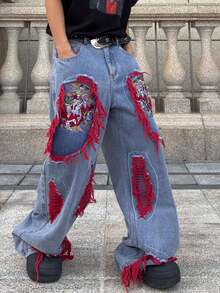 ROMWE MEN Street Life Men's Embroidered Frayed Pocket Wide Leg Loose Fit Jeans - Blue - View 5