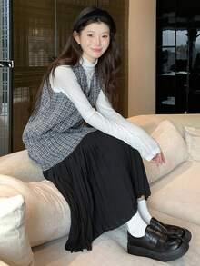 女士V领褶裥拼接中长连衣裙 - 黑色 - 查看 6