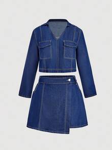 SHEIN MOD 大码女式牛仔夹克带口袋和牛仔裙休闲两件套 - 深色水洗藍 - 查看 8