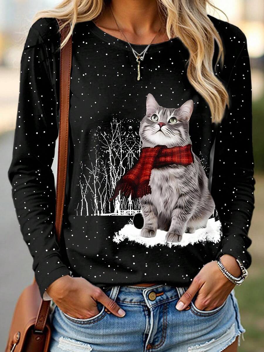 EMERY ROSE Camiseta de manga larga con estampado de gato de dibujos animados navideños para mujer - Multicolor - Ver 1