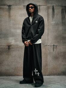 AXEPEAK 男士宽松印花套头连帽衫和休闲运动裤套装，冬季款