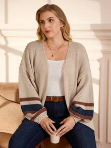 Rosumi 大码休闲撞色条纹开衫，秋冬 - 杏色 - 查看 6