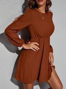 SHEIN Clasi Đầm dài tay cổ tròn màu trơn tối giản mặc hàng ngày cho nữ, thích hợp cho lễ hội âm nhạc, thường ngày - Cà phê nâu - Xem 3