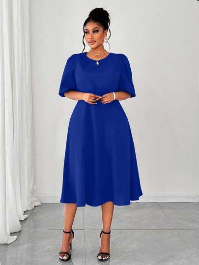 Maweii Plus Size Women Solid Color Puff Sleeve Woven Dress