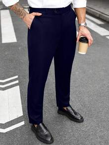 Manfinity Mode Plus Size Men's Solid Color Pocket Straight Loose Casual Pants - Navy Blue - View 6