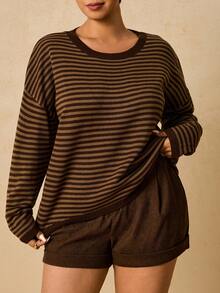 SHEIN VCAY Áo len chui đầu tay dài cổ tròn hở vai cỡ lớn cho nữ - màu nâu - Xem 3