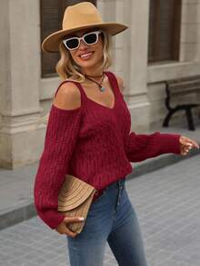 Brillora Áo len dệt kim cổ chữ V hở vai dành cho nữ, thích hợp cho các buổi đi chơi và nghỉ dưỡng, mùa thu/đông - Đỏ - Xem 6
