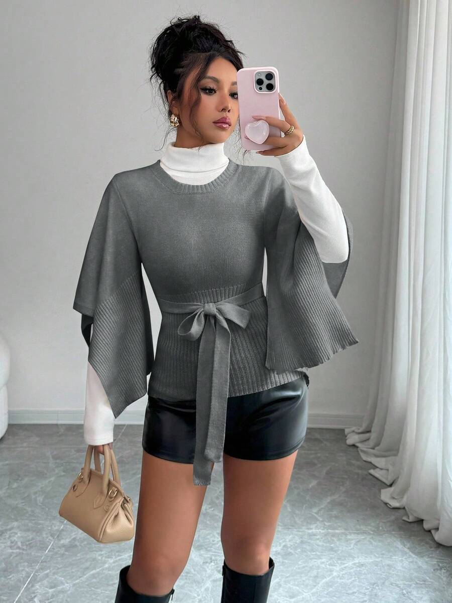 Elenzga Women's Fashionable Versatile Solid Color Poncho Sleeve Sweater, Autumn/Winter - Grey - View 1