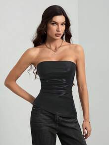 SHEIN Tall Women's Solid Color Pleated Asymmetric Hem Bustier PU Leather Top,Black Top