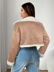 SHEIN PETITE Chaqueta de cuero de PU con cuello de piel corto para mujer en otoño/invierno - Caqui - Ver 2