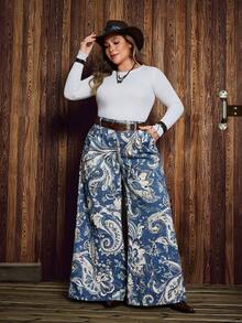 EMERY ROSE Plus Size Pleated Fashion Pockets Straight Loose Paisley Pattern Versatile Jeans - Multicolor - View 3