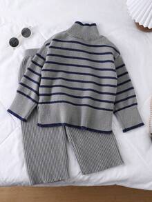 Young Girl' Thick Knit Turtleneck Sweater And Pants Set, Autumn/Winter - Light Grey - View 2