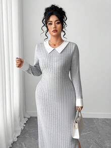 SHEIN Tall CURVE Vestido minimalista versátil de manga larga y cuello alto para mujer de talla grande, con un ajuste favorecedor apto para otoño/invierno, para uso diario - Multicolor - Ver 5