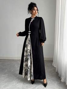 Elenzga 加大码中国风新款旗袍连衣裙，秋冬款，龙口扣，中国结，水墨印花