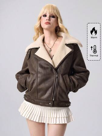 Grunge Punk Chaqueta casual de motociclista con cremallera y forro térmico para mujer, otoño/invierno