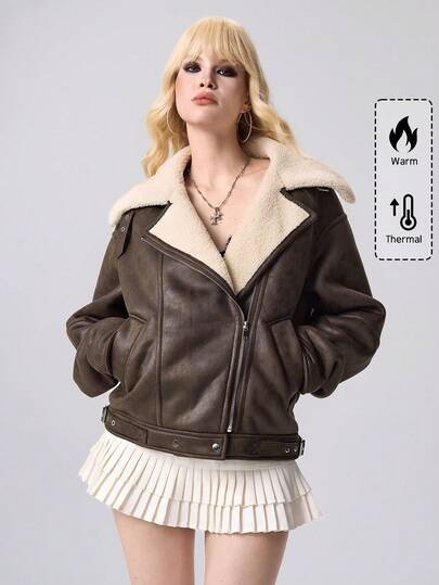 Grunge Punk Chaqueta casual de motociclista con cremallera y forro térmico para mujer, otoño/invierno