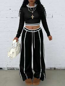 Rovax 短款圆领修身插肩长袖上衣+休闲斜口袋直筒裤 - 黑色 - 查看 1