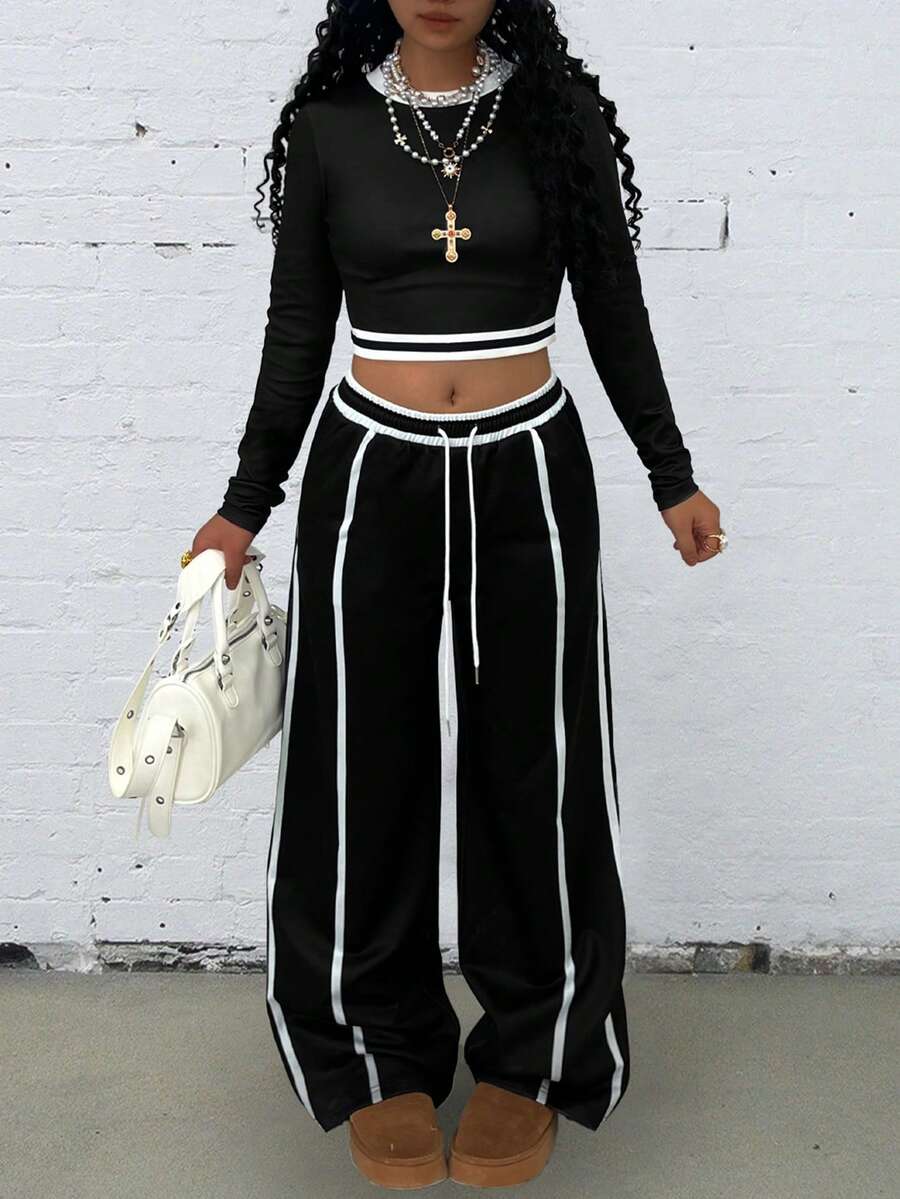 Rovax 短款圆领修身插肩长袖上衣+休闲斜口袋直筒裤 - 黑色 - 查看 1