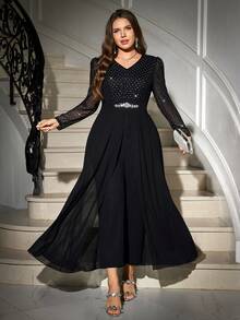 Ellevyn 大码优雅派对银箔网眼拼布连体裤 - 黑色 - 查看 11