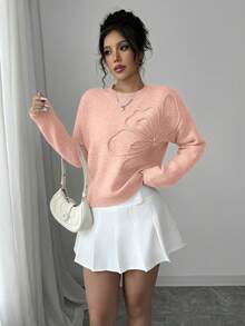 Elenzga Chic Baby Pink Long Sleeve Pullover Knitwear Sweater For Women With Rib-Knit Details - Baby Pink - View 3