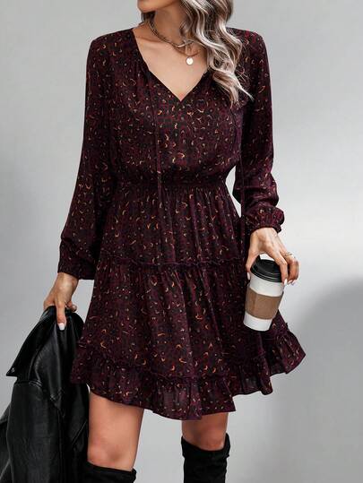 SHEIN PETITE Women's Leopard & Cherry Blossom Print Casual Dress, Suitable For Office/Work And Everyday Wear, Autumn/Winter
