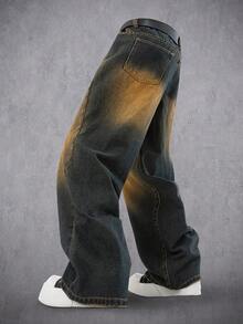 Manfinity Denimwave Men's Loose Fit Contrast Color Wide Leg Jeans Loose Wide Leg Vintage Washed COUPLE Blue Street Distressed Jeans For Y2K Japanese Pants Baggy Jeans Streetwear - Yellow - View 4