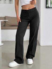 EURMUSE 灰色细条纹喇叭裤，低腰，无腰带环，阔腿剪裁，办公室风格，垂直条纹图案，量身定制的外观，职业装，弹性面料，修身臀部贴合，及地长度，经典设计 - 黑色 - 查看 3