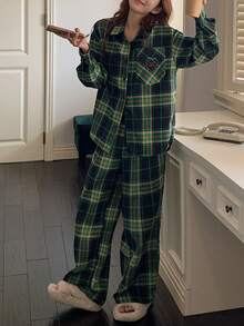 DAZY Women's Plaid Embroidered Strawberry Pattern Pajama Set, Autumn/Winter - Green - View 3