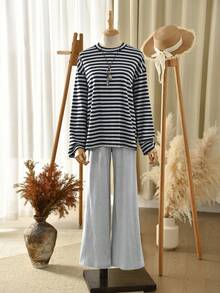 Rusticease Women's Casual Striped Top And Solid Color Pants 2 Pieces Set, Autumn Winter Clothes For Women Clothes For New Year  Winter Clothes For Women Vacation Outfits Women Elegant Women's Set