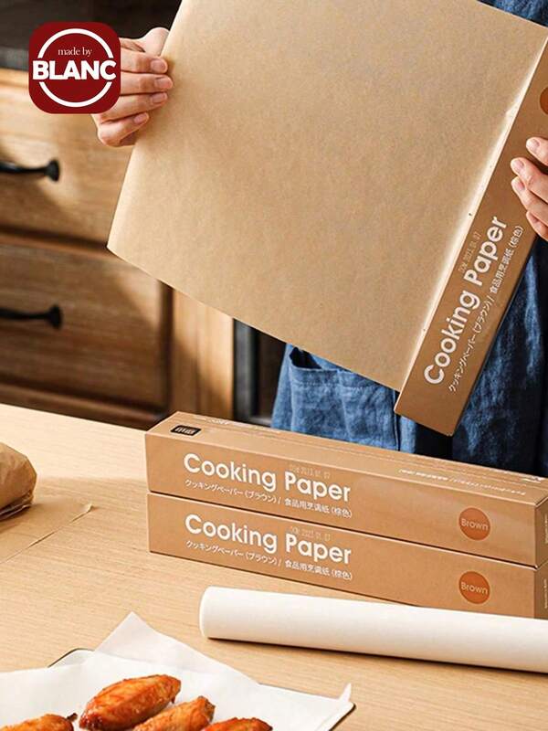 Madebyblanc 30*800CM Non-Stick Baking Paper, Baking Paper Roll With Cutter, Natural Thick Silicone Oil Paper, Household Baking Barbecue Paper, Fast Oil Absorption Paper, Reusable Double-Sided Non-Silicone Sticky Coating, Suitable For Cooking, Barbecue, Air Fryer And Baking Non-Stick, No Fading, White/Brown, Household Paper Essential