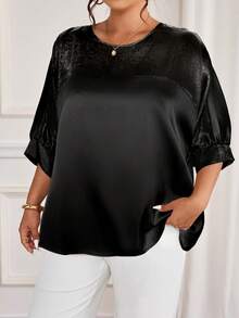 Cravure 大码圆领七分袖金属面料拼接撞色插肩袖休闲套头衫，适合外出、度假、通勤、派对等场合。 - 黑色 - 查看 3