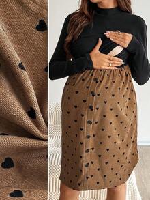 SHEIN Maternity Stand Collar Long Sleeve Patchwork Heart Print Button Design Casual Nursing Dress  Brown - Multicolor - View 1