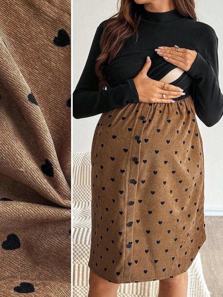 SHEIN Maternity Stand Collar Long Sleeve Patchwork Heart Print Button Design Casual Nursing Dress  Brown - Multicolor - View 1