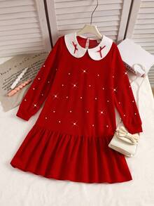 Kleine Mädchen Frühling/Herbst Rückkehr zur Schule Lässig Mode Neues rotes Strickkleid, rote Schleife 3D Akzent, weißer Peter-Pan-Kragen, perlenbesetztes Ärmeldesign, Waffelpatch-Saum, Langarmkleid, geeignet für Kleine Mädchen Rückkehr zur Schule, Alltag, Urlaub, Weihnachtsparty