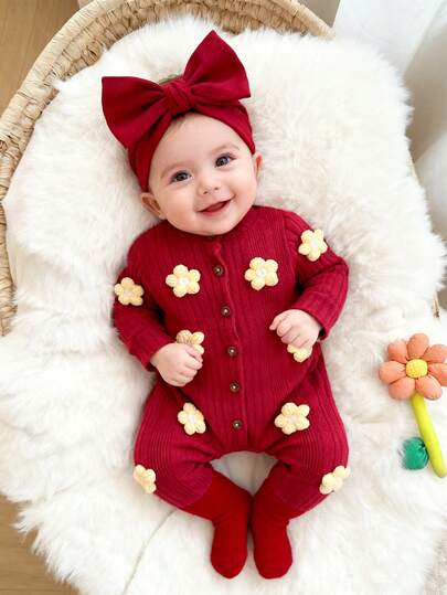 1pc Infant Girls' Solid Color Jumpsuit, Soft Fleece Stand Collar Long Sleeve Jumpsuit With 3D Floral Decor, Elegant Pastoral, Cute Casual Style, Suitable For Autumn/Winter Outdoor Play, Vacation And Daily Wear, Red Baby Jumpsuit